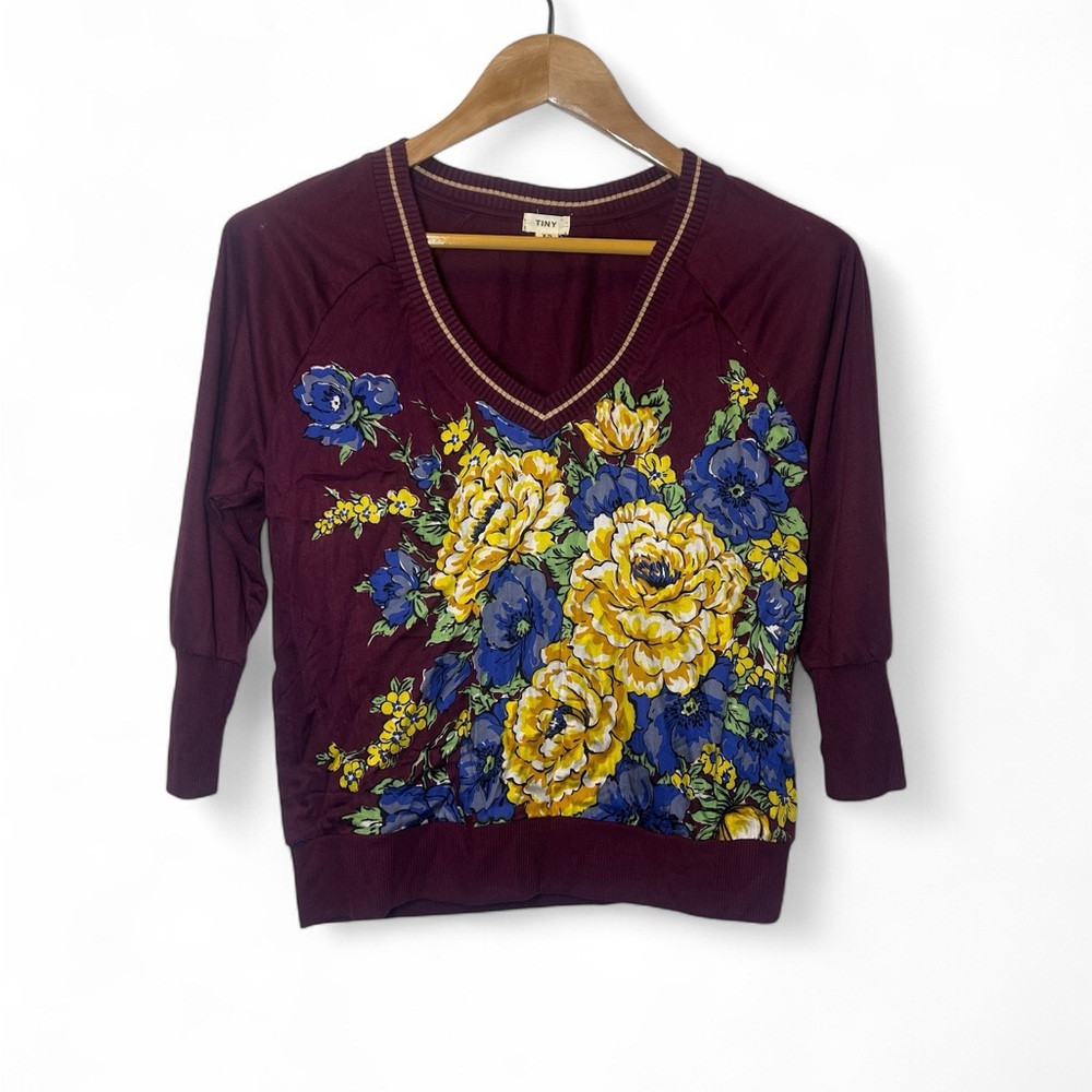 Anthropologie Tiny Ashlee‎ Floral V Neck 3/4 Sleeve Lightweight Top XS